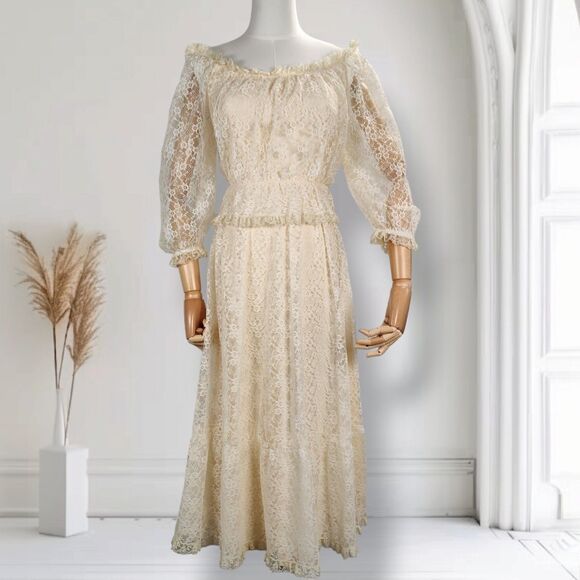True Vintage Dresses & Skirts - Vintage 70s Lace Puff Sleeve Midi Dress Size 4 Boho Wedding Cocktail